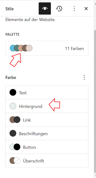 Selbst erstellter Screenshot von der WordPress Oberfläche: Hier Farb-Palettenmanager