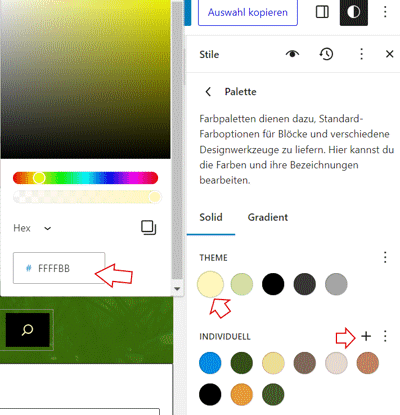 Selbst erstellter Screenshot von der WordPress Oberfläche: Hier Farbauswahl