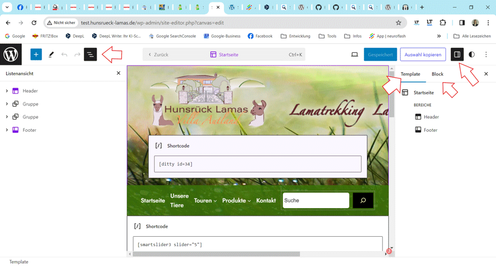 Selbst erstellter Screenshot von der WordPress Oberfläche: Hier Website-Editor Bearbeitungsmodus