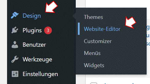 Selbst erstellter Screenshot von der WordPress Oberfläche: Hier Website-Editor öffnen