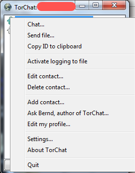 Menü der rechten Maustaste im TorChat-Fenster