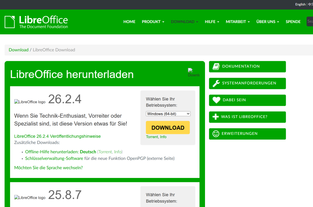 Selbst erstellter Screenshot der offiziellen Download-Seite von LibreOffice