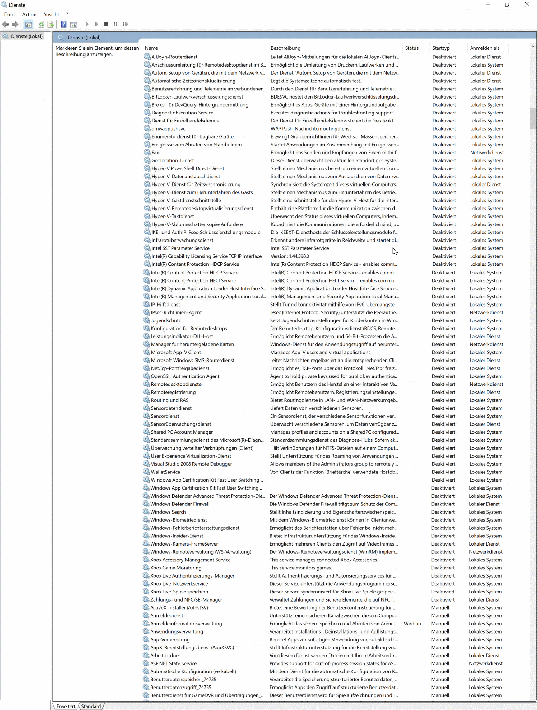Screenshot der deaktivierten Dienste