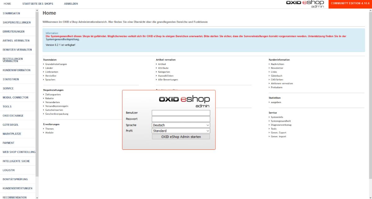 Screenshot der OXID eShop Bedienoberfläche