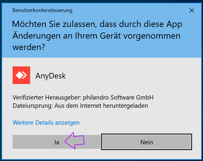 Selbst erstelltes Sceenshot zur Benutzerkontensteuerung von AnyDesk