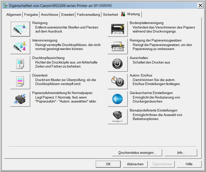 Bildschirmfoto der Wartungsmöglichkeiten eines Canon-Drucker