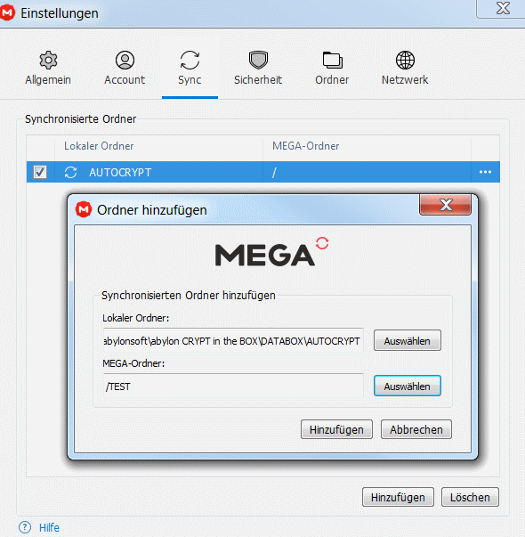 Von Uwe erstellter Screenshot zum Festlegen des lokalen Mega-Cloud-Odners