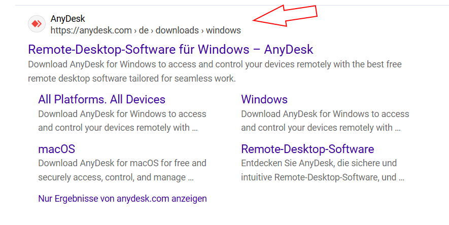 AnyDesk in den Suchergebnissen